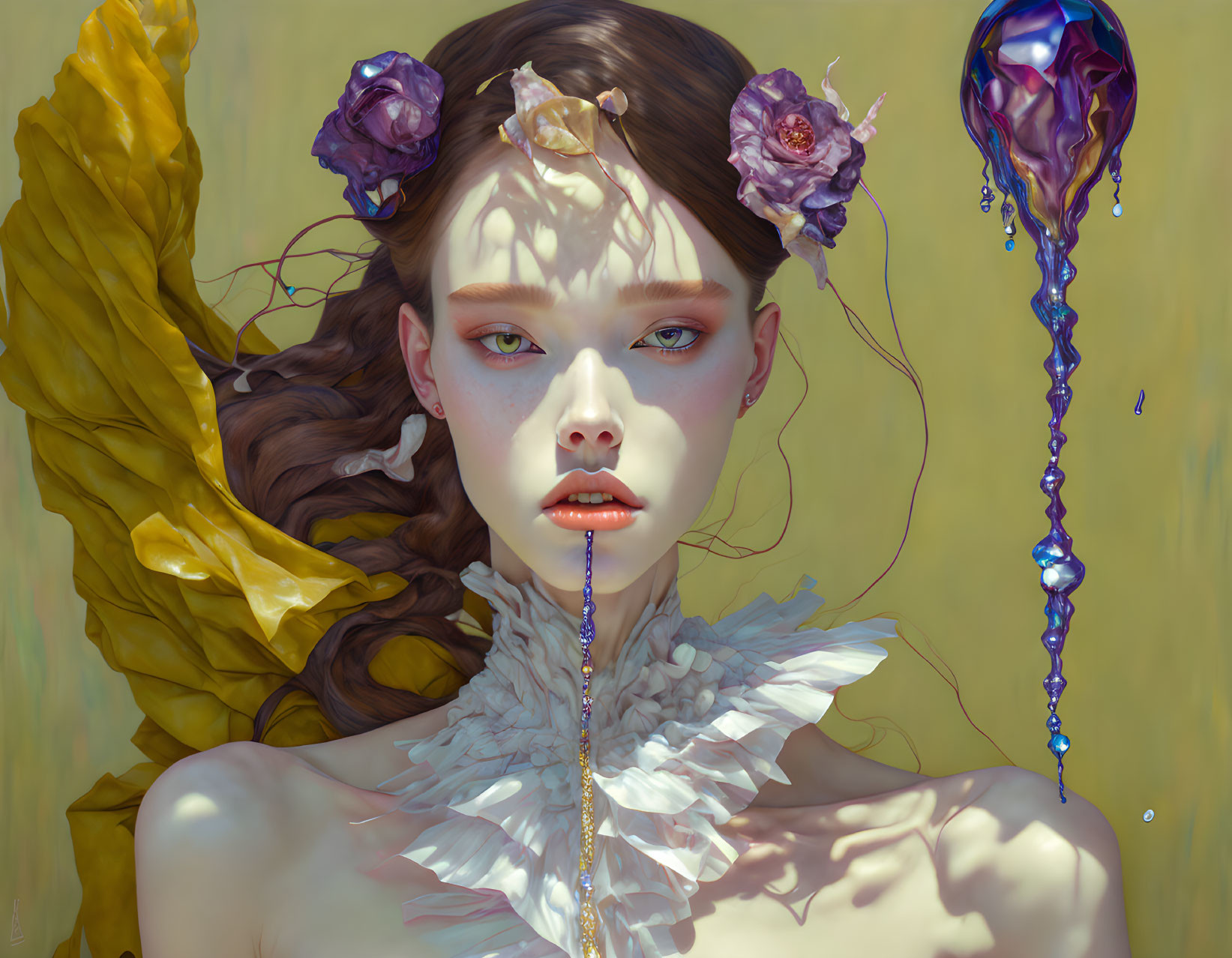 Surreal portrait of woman with purple flowers and iridescent tears