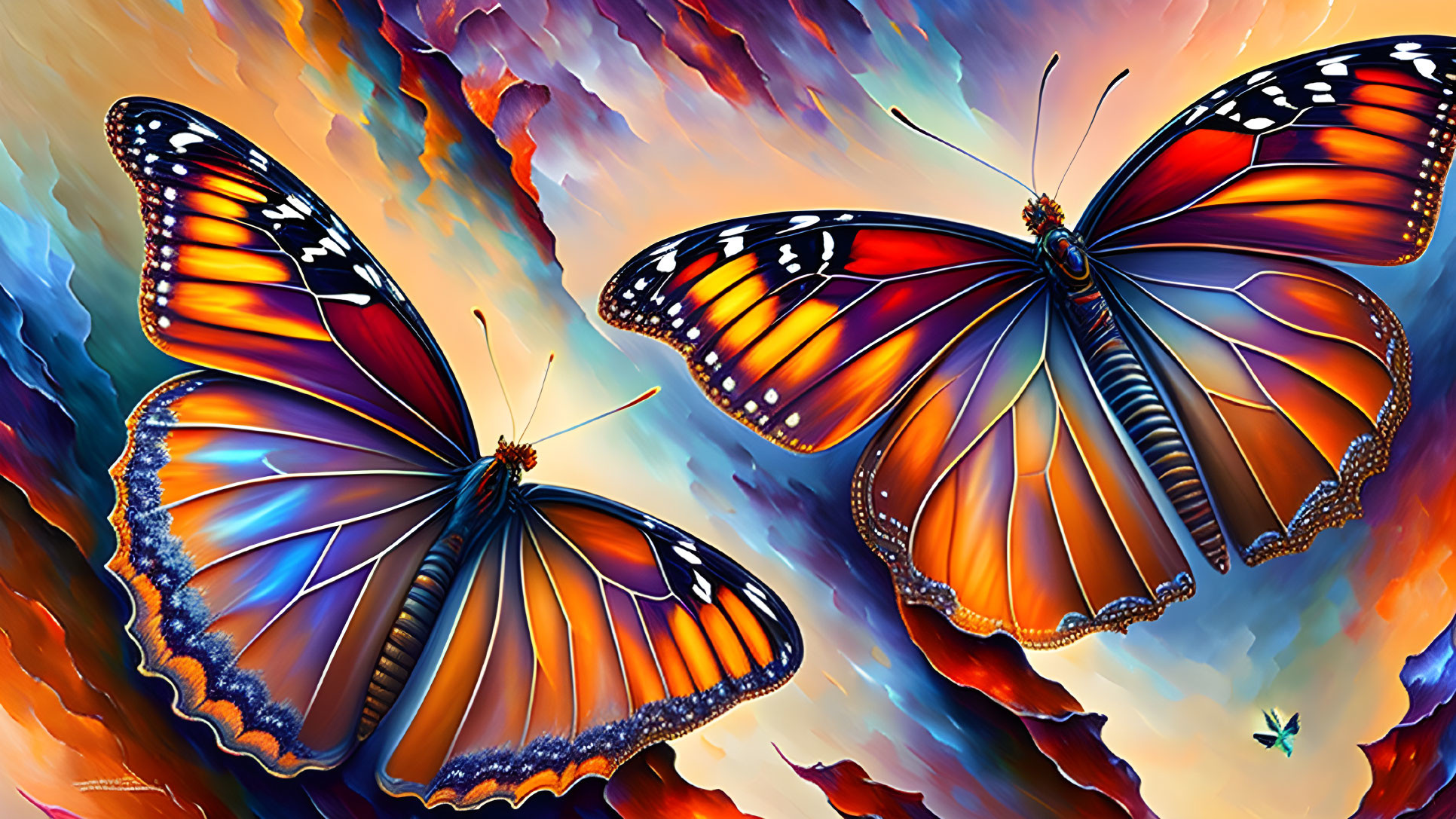 Colorful Butterflies with Orange, Black, and Blue Wings on Abstract Background
