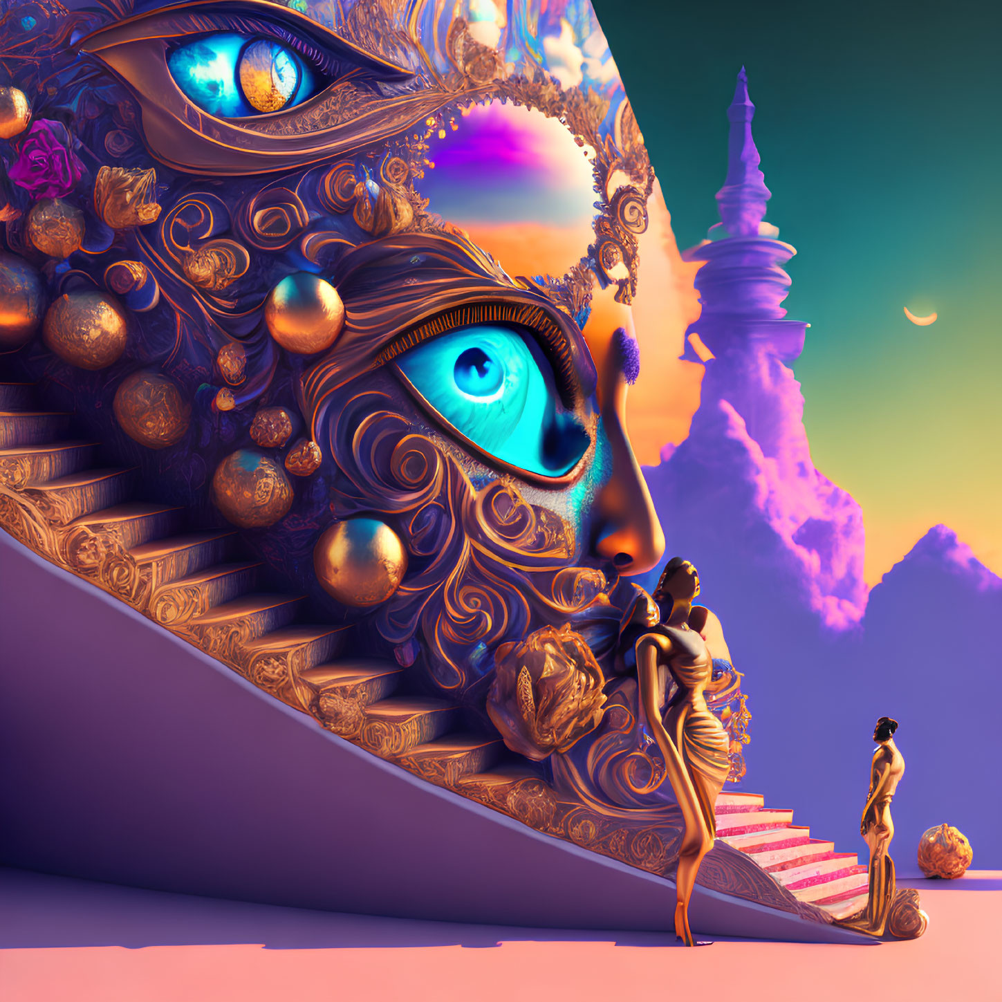 Surreal landscape with giant ornate face, figures on staircase, crescent moon