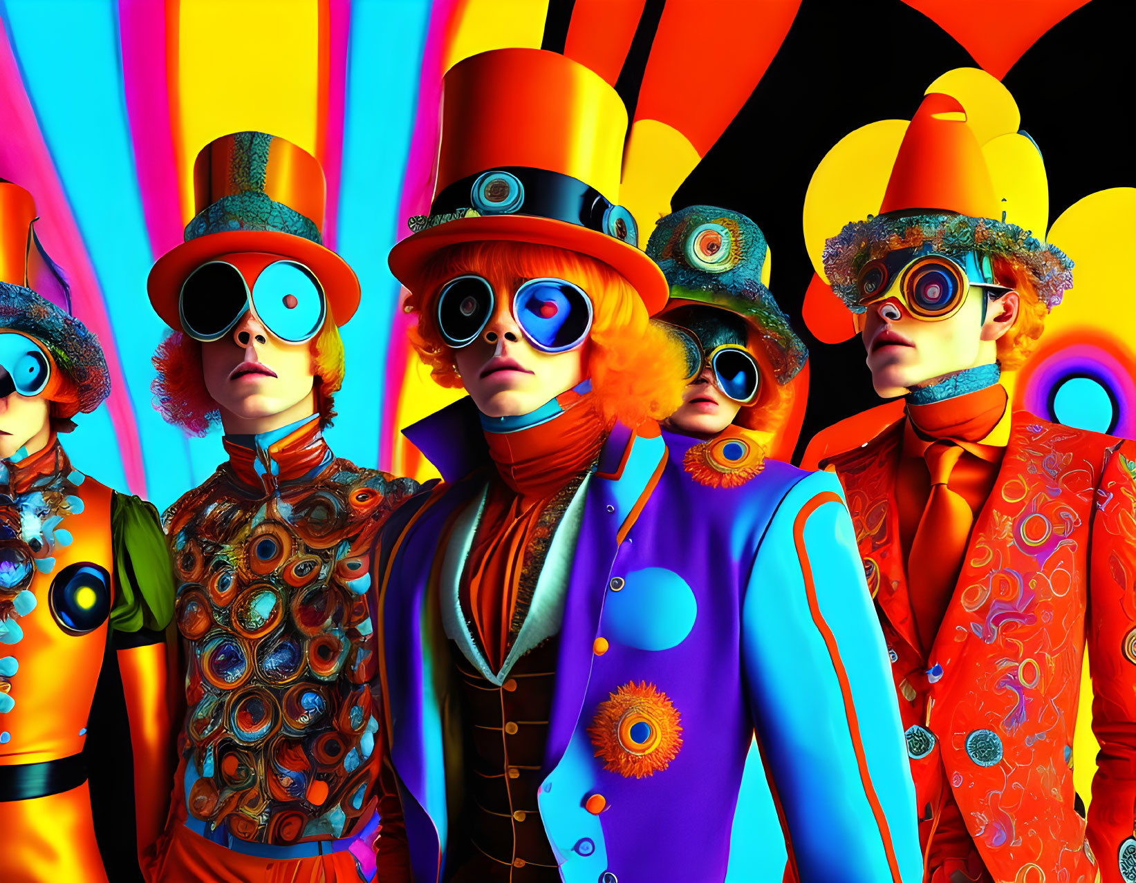 Colorful Psychedelic Costumes and Oversized Hats on Vibrant Group