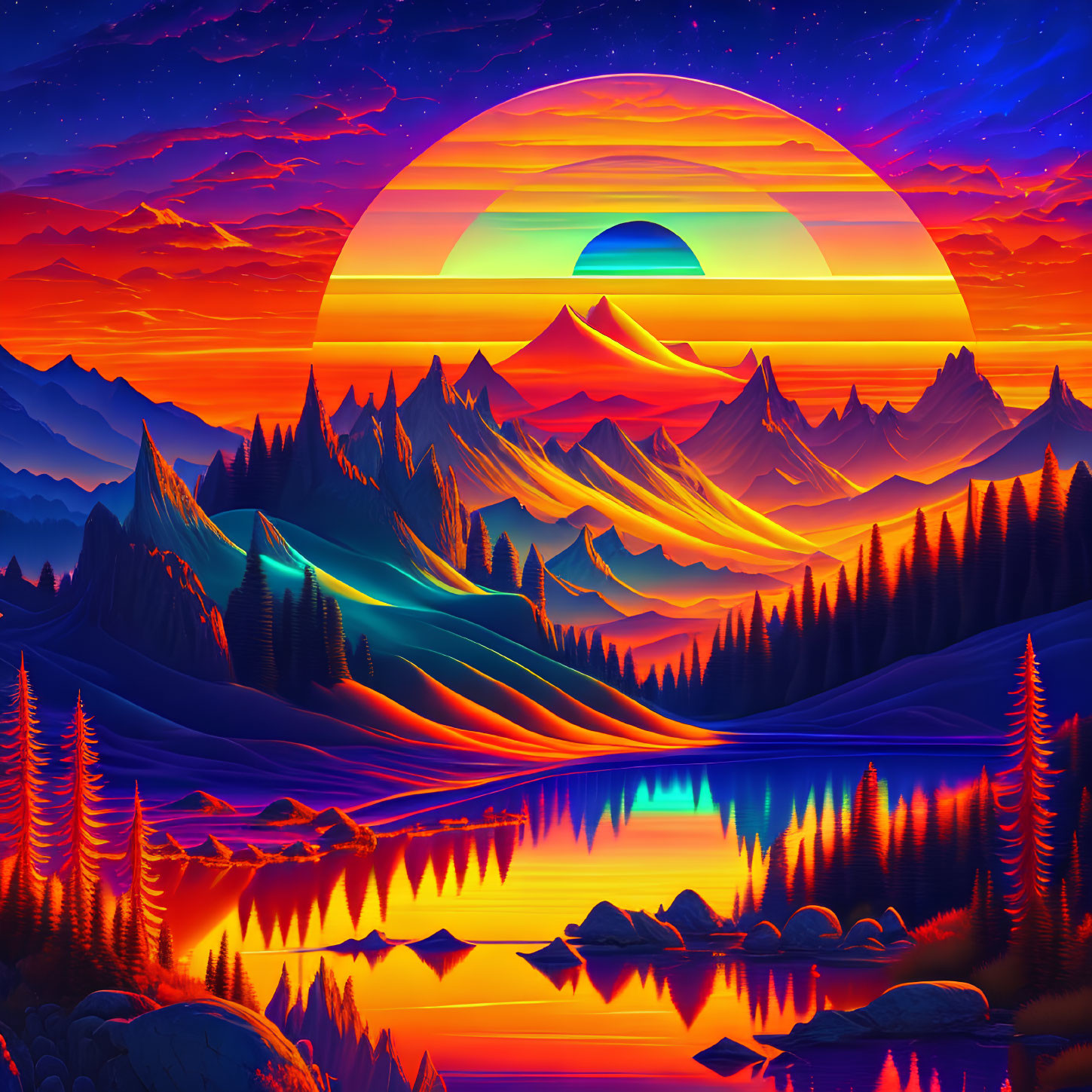 Colorful surreal landscape: large sunset, layered mountains, reflective lake, neon tree silhouettes