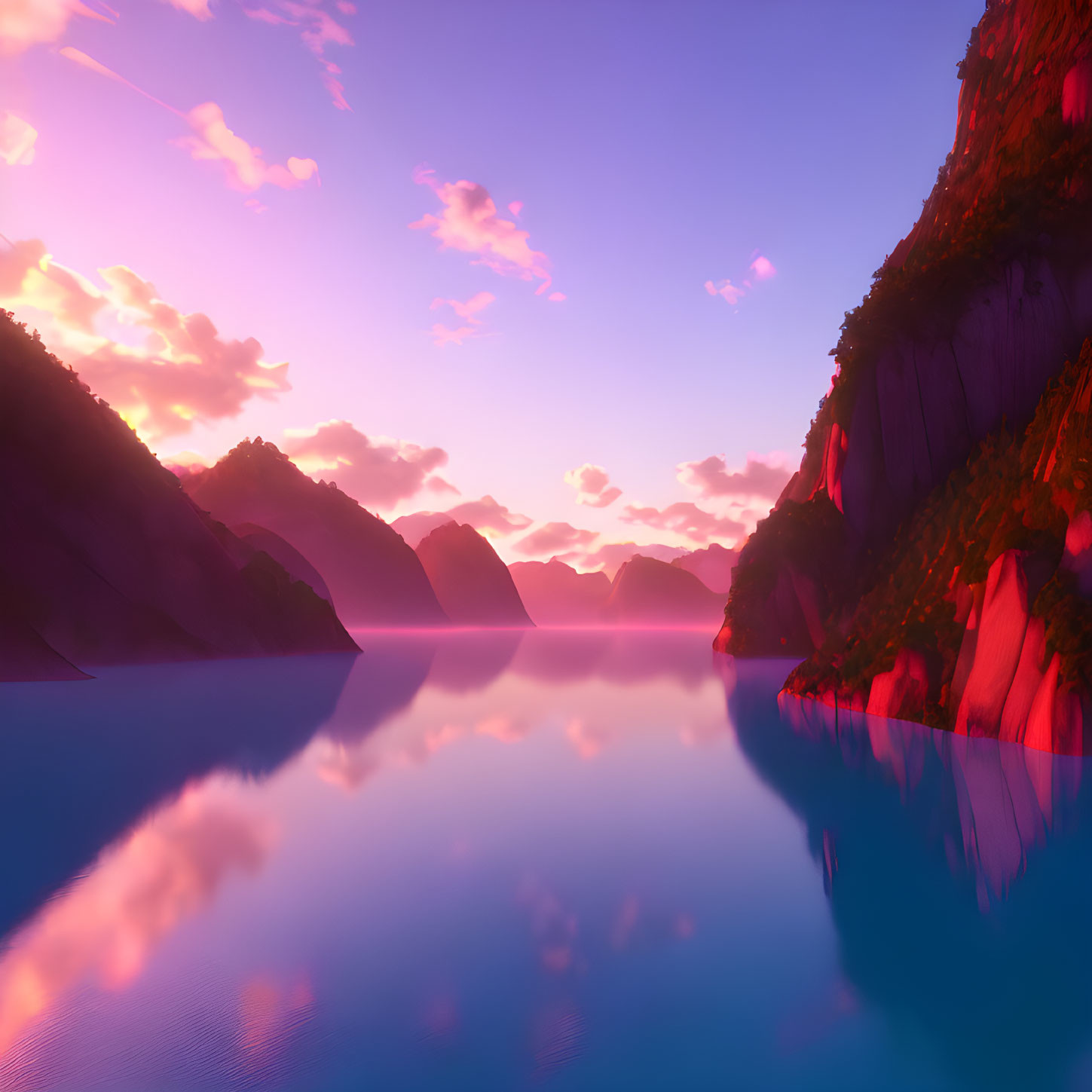 Tranquil lake reflecting vivid sunset over cliffs and hills