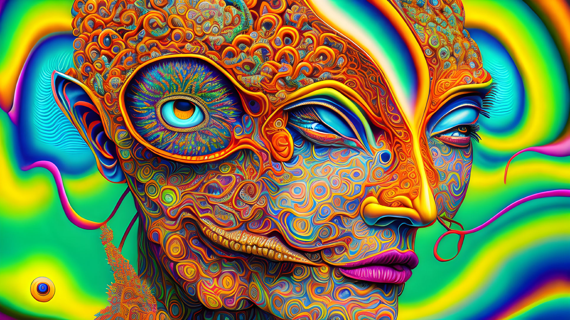 Colorful Psychedelic Portrait with Patterned Face and Large Eye