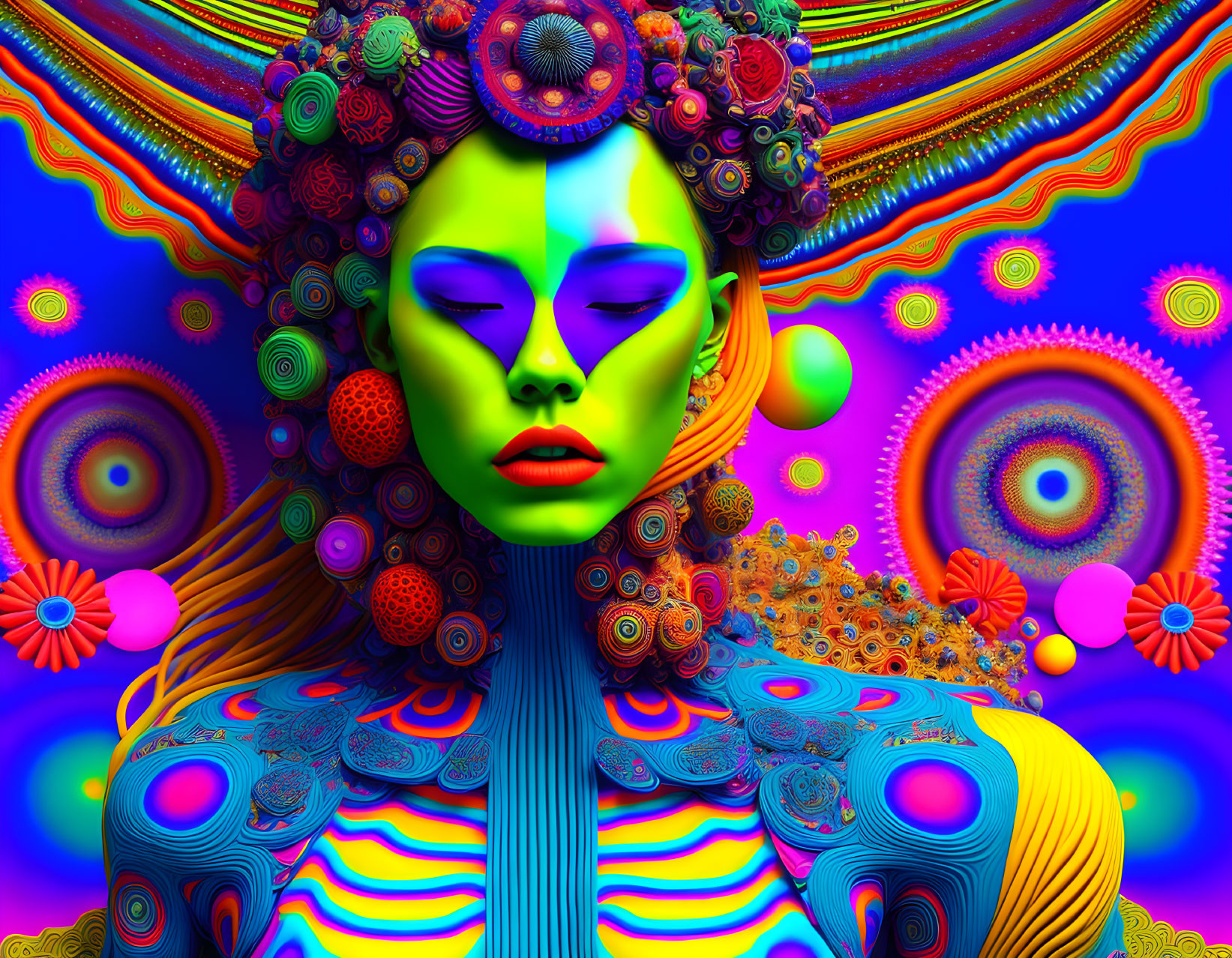 Colorful digital artwork of green-skinned figure with psychedelic patterns