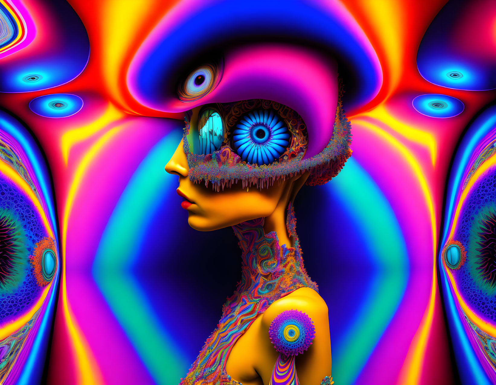Vibrant surreal digital artwork with human profile and multiple eye patterns