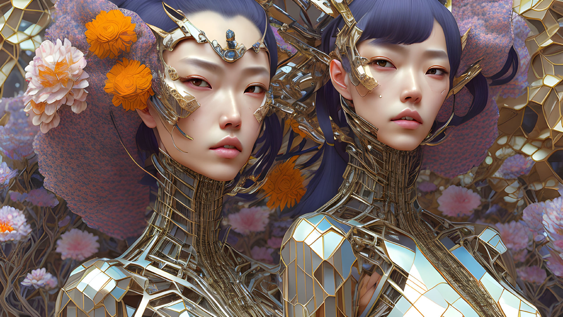 Identical metallic female figures with golden headpieces in vibrant setting