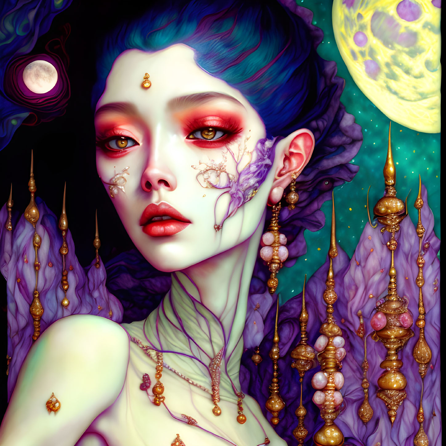 Woman with Green Skin and Red Eyes in Cosmic Setting