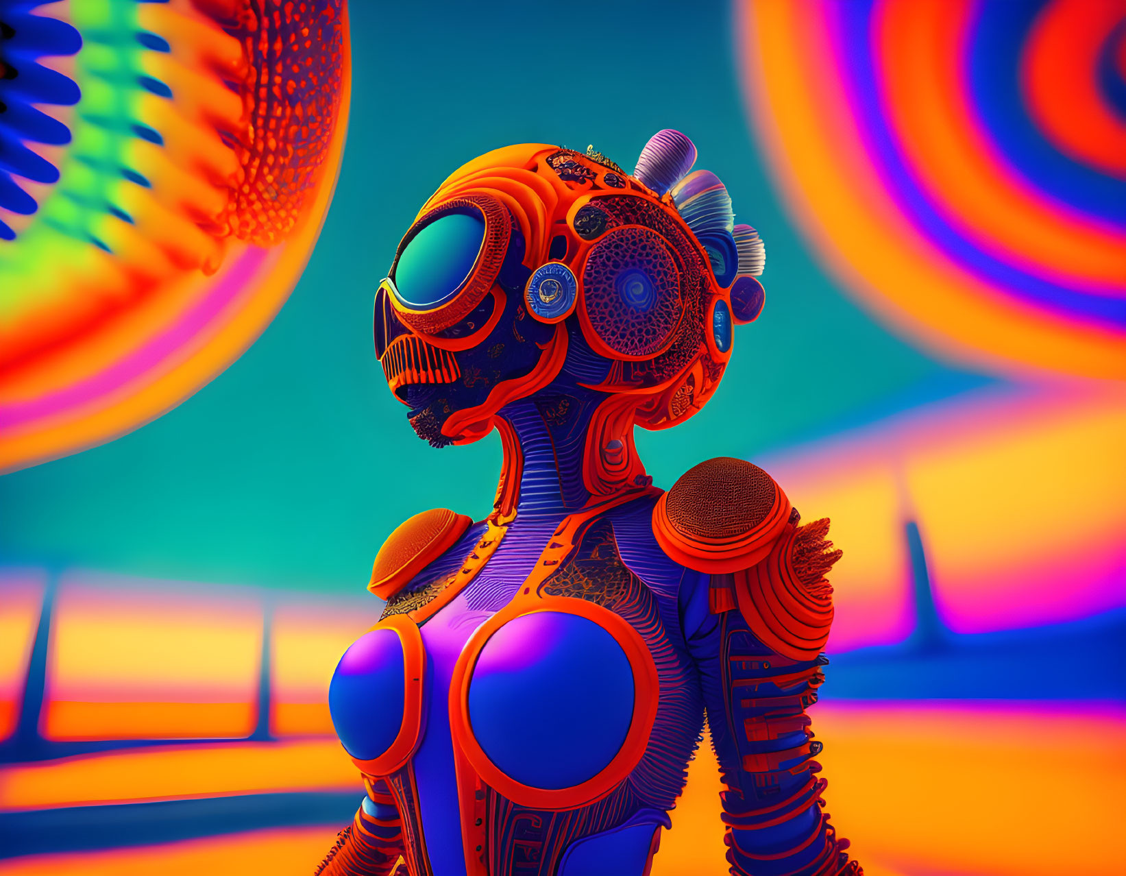 Colorful 3D illustration of robotic figure in futuristic setting