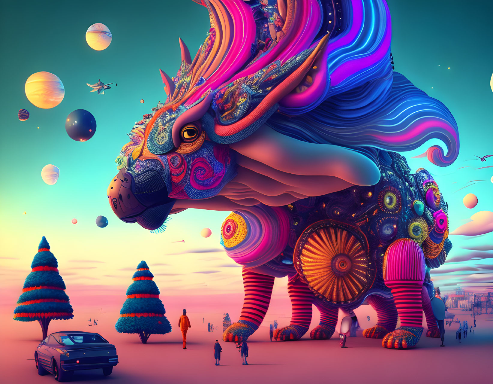 Colorful mythical creature surrounded by orbs, trees, car, and figures under pastel sky