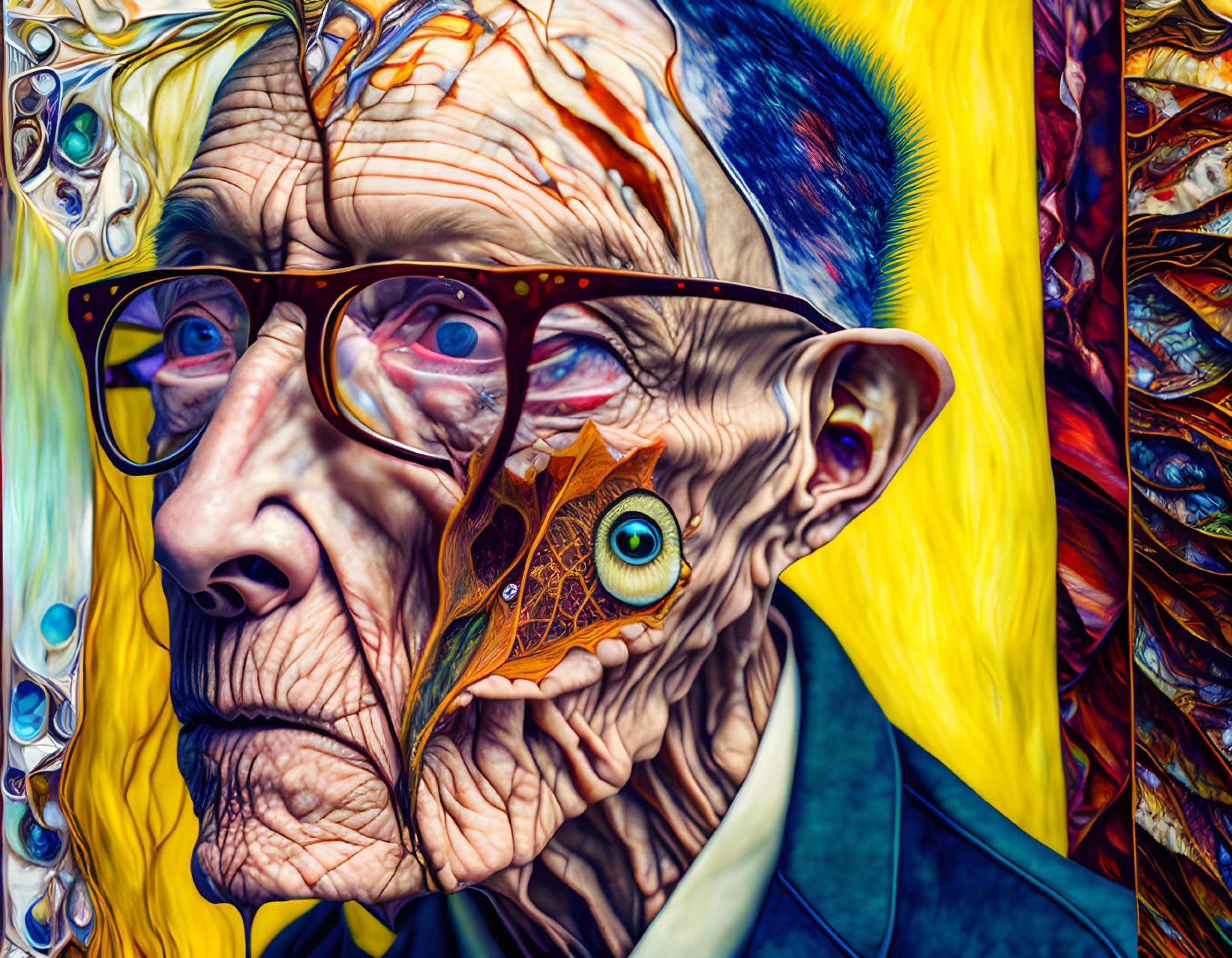 Colorful Surreal Portrait of Elderly Person with Abstract Elements