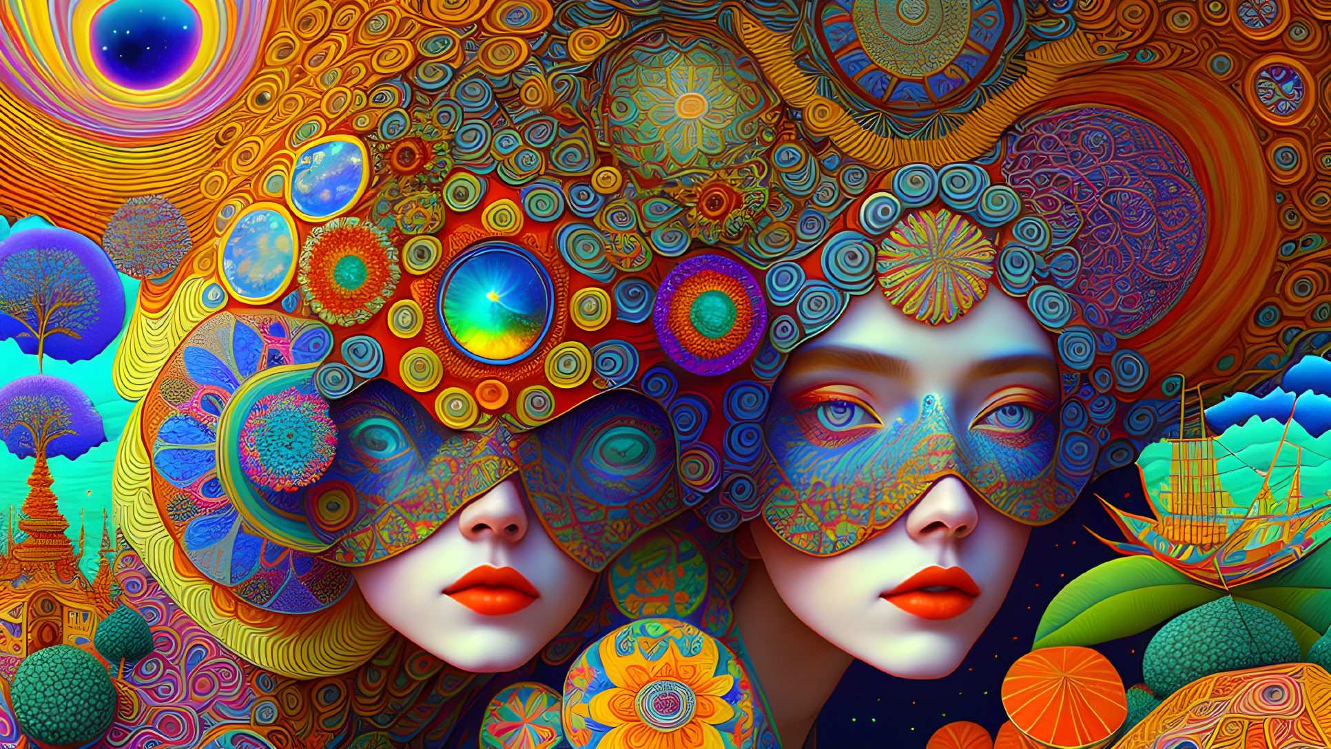 Colorful digital art: Two female faces with intricate patterns and surreal landscapes.