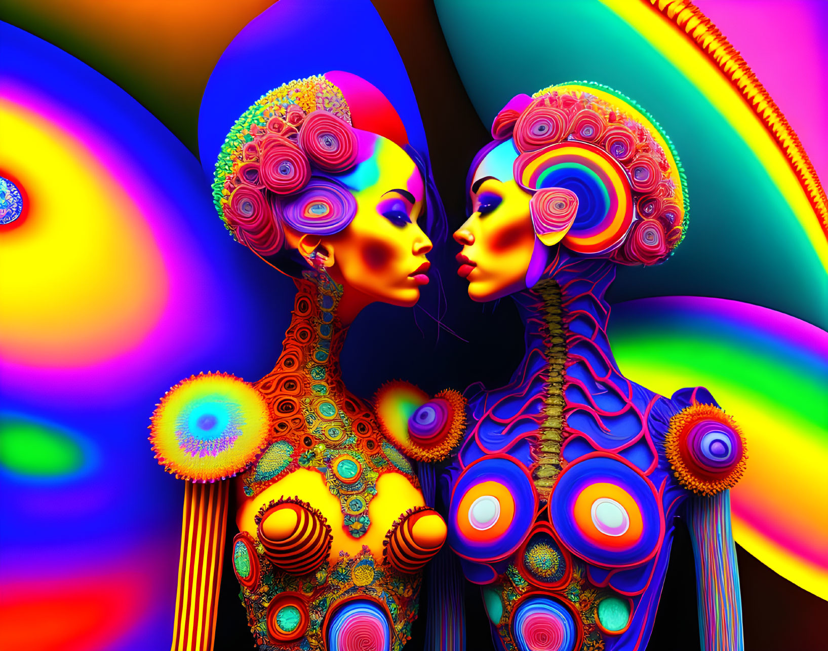 Colorful Digital Art: Stylized Figures with Intricate Patterns on Psychedelic Background