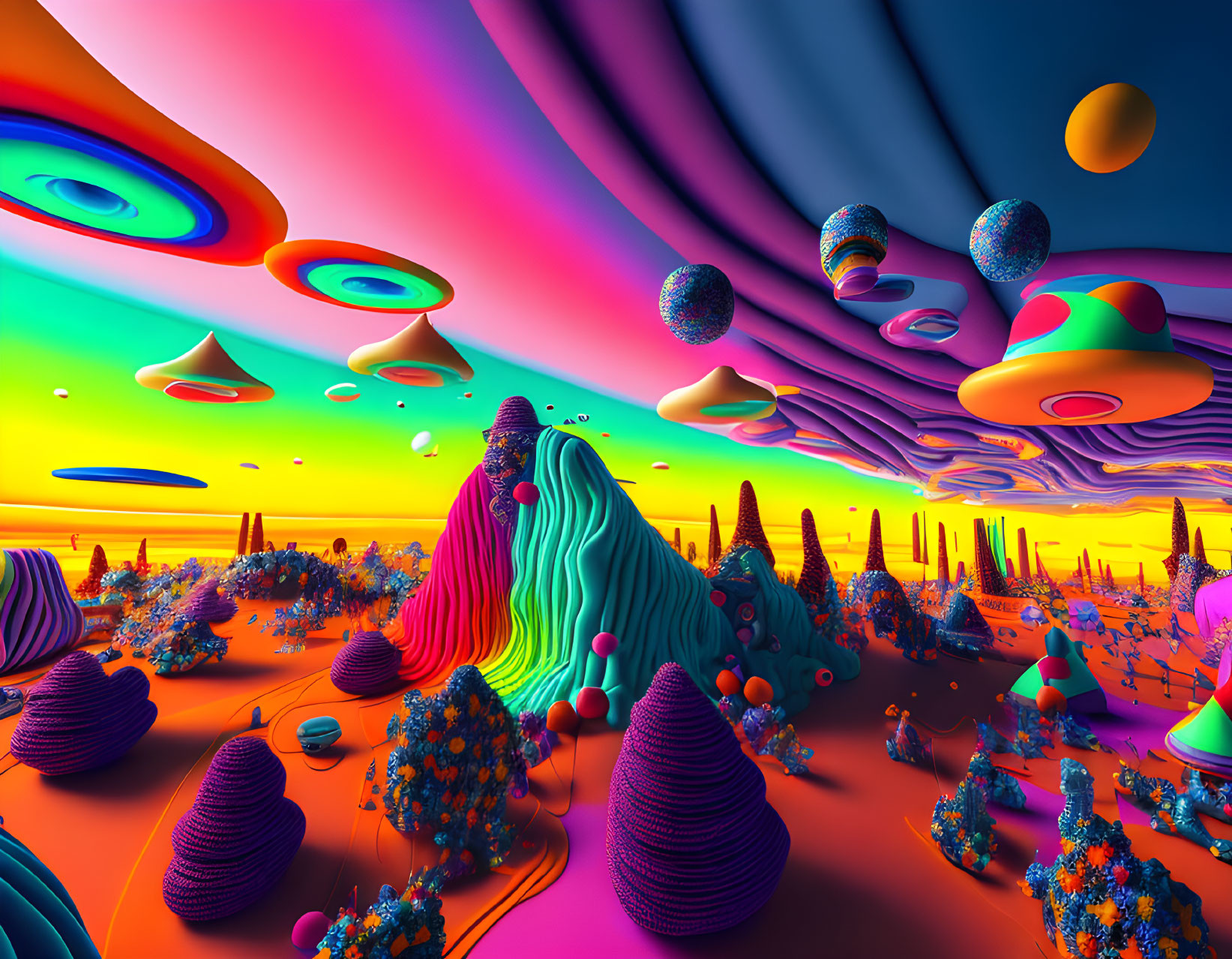 Colorful Psychedelic Landscape with Undulating Hills and Alien Flora