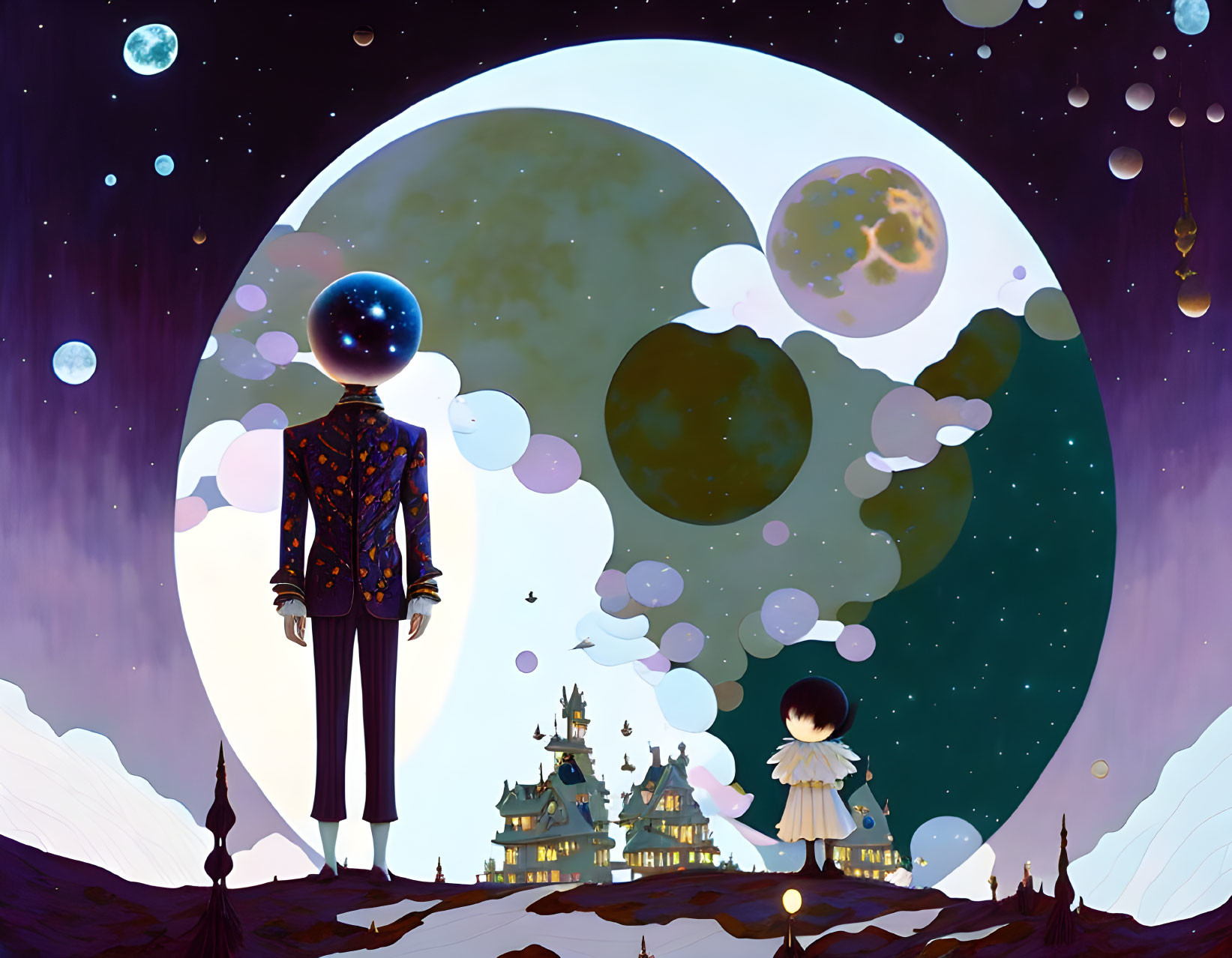 Surreal illustration: cosmic-headed figure, moon, celestial bodies, distant planet castle