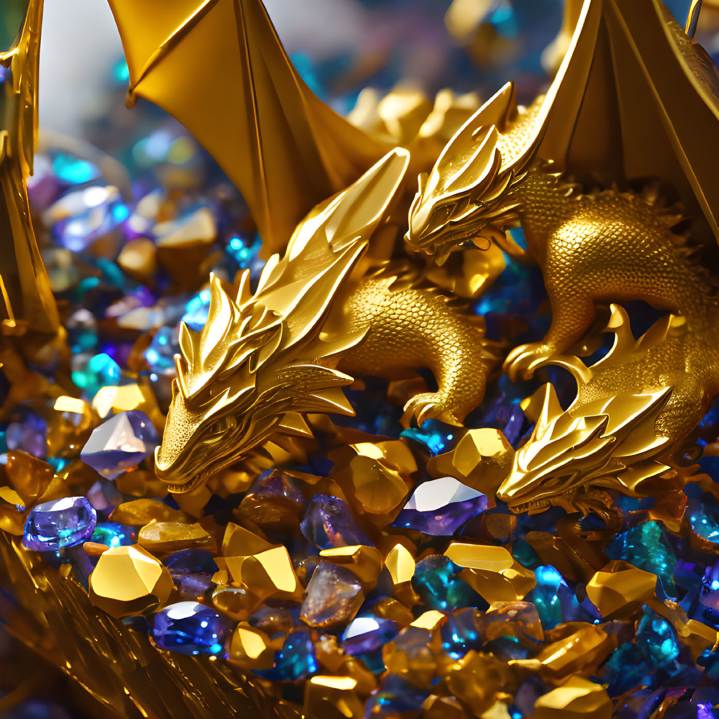 Golden Dragon Sculptures Surrounded by Sparkling Gems and Crystals