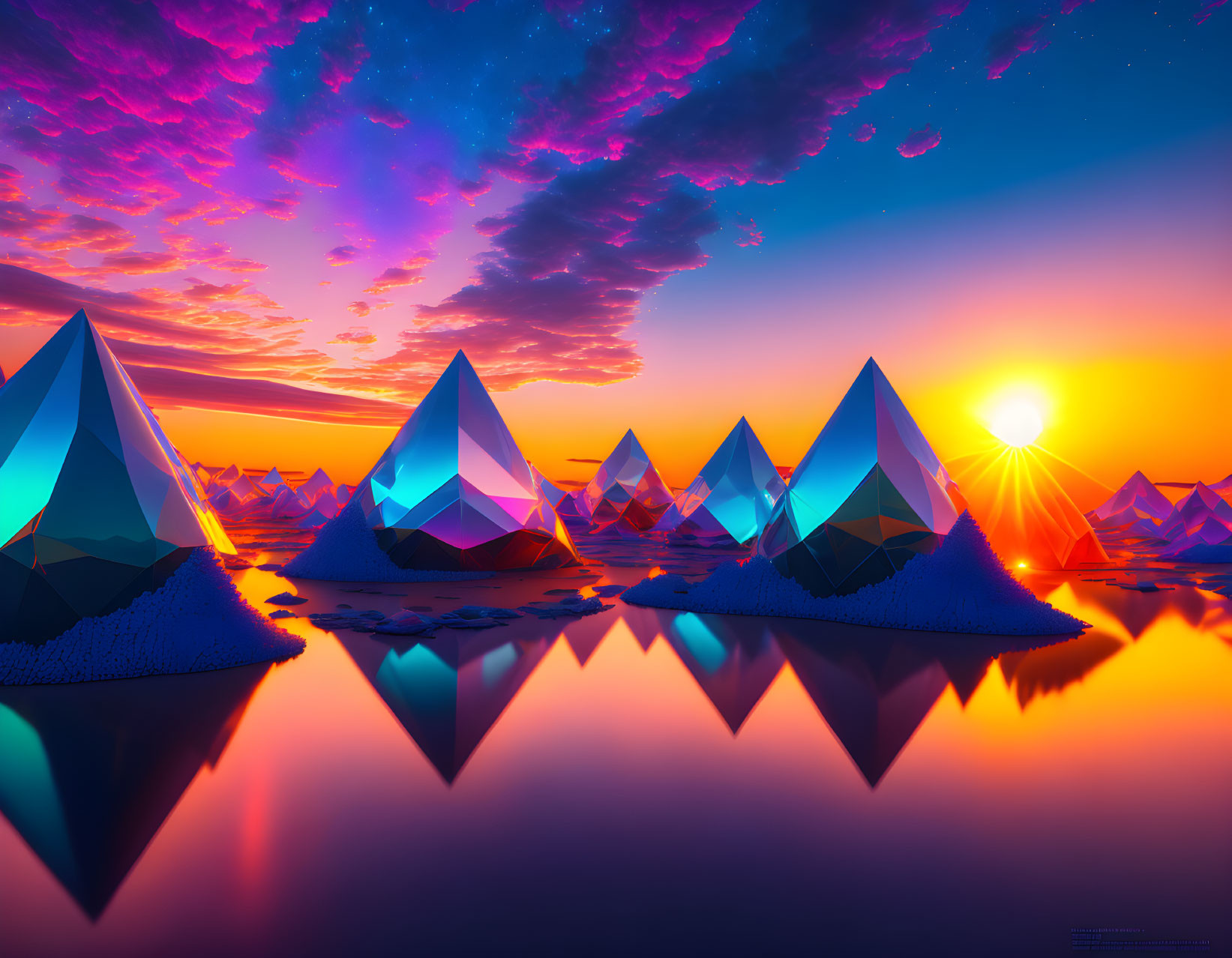 Crystal mountains reflecting in tranquil water at sunset with purple clouds