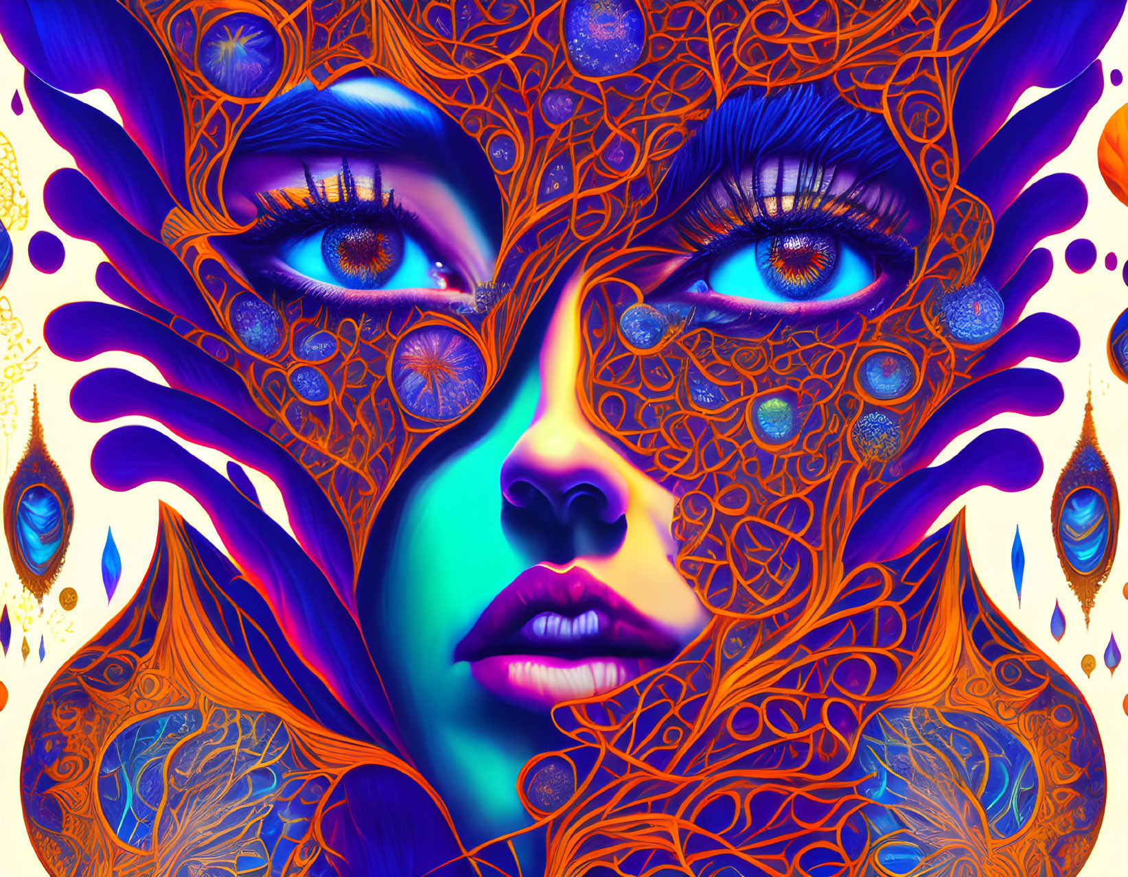 Colorful surreal portrait with intricate blue and orange patterns and expressive eyes