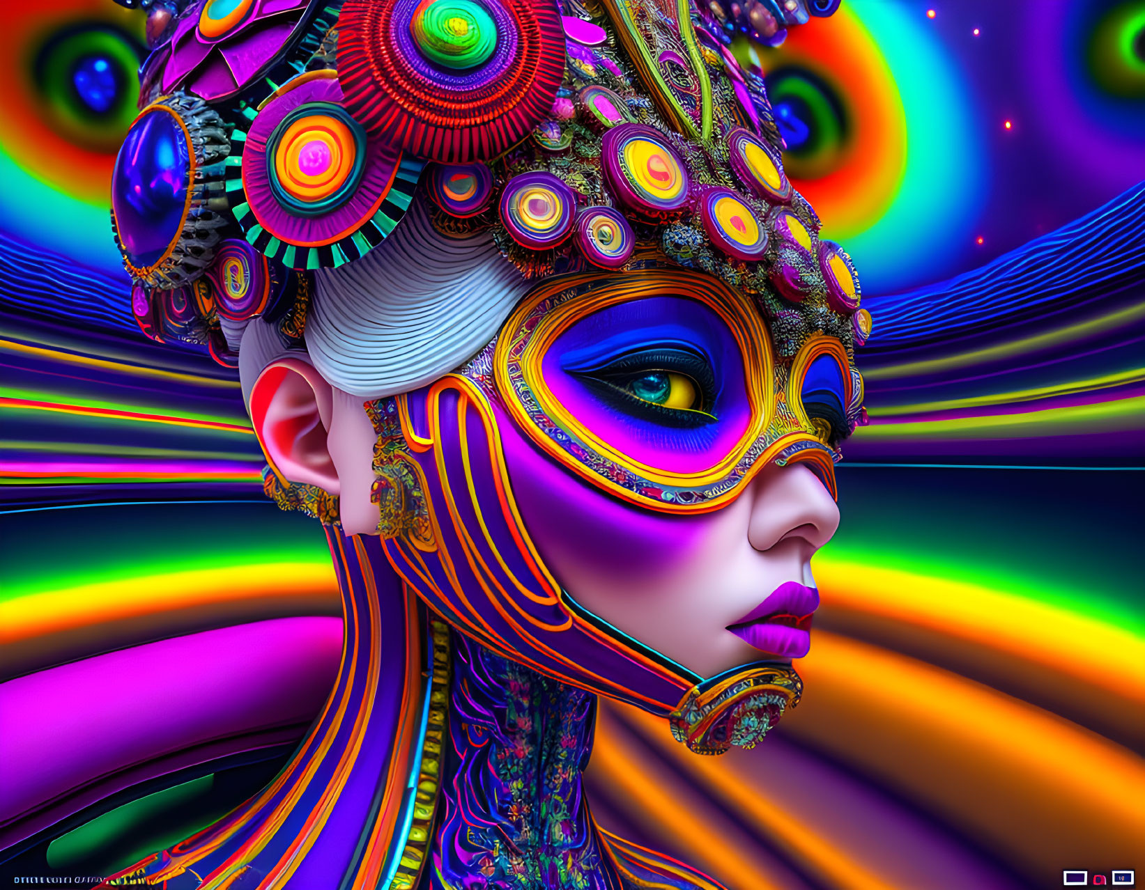 Colorful Cyborg Woman Art with Psychedelic Background