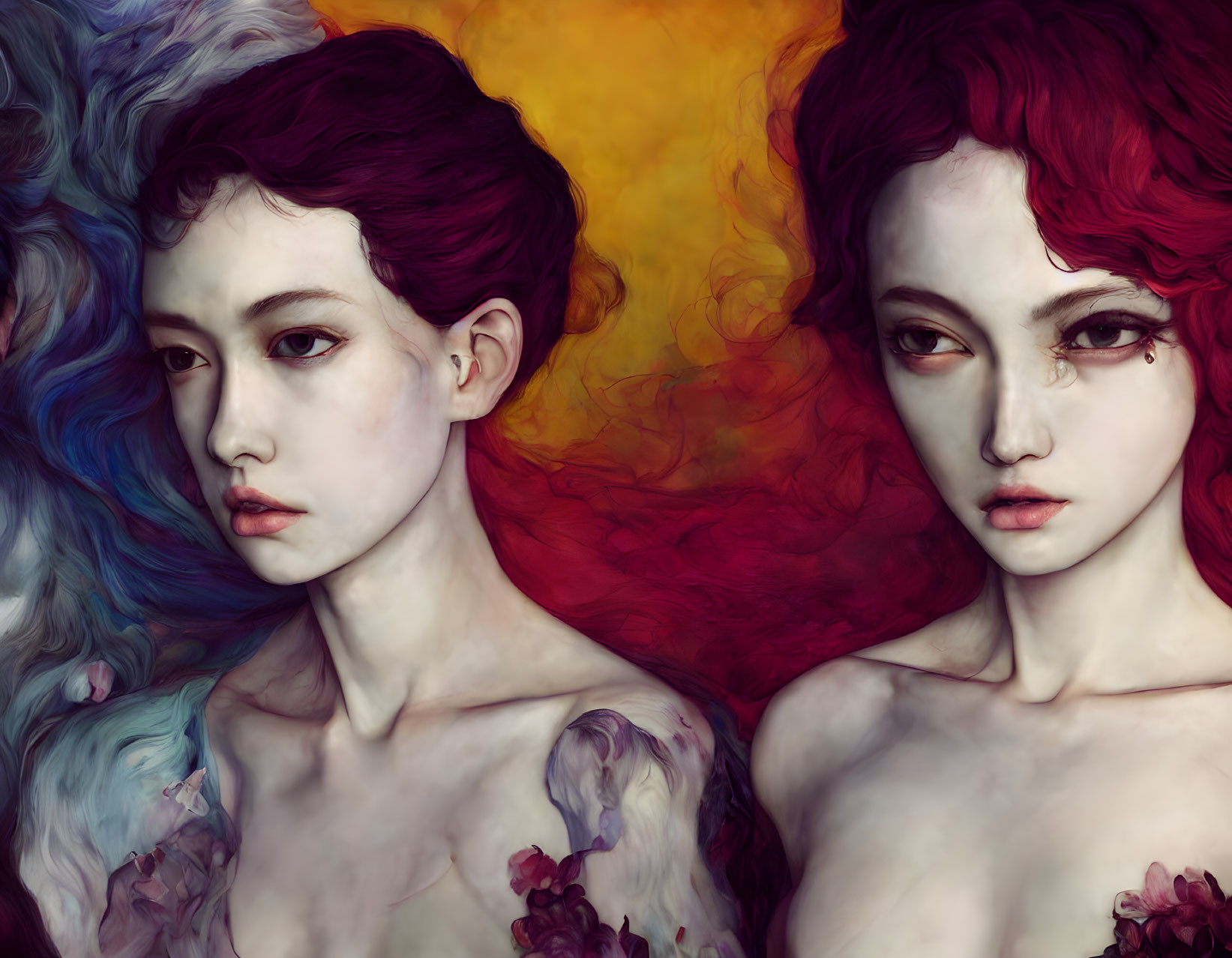 Ethereal women with porcelain skin and red hair in warm-colored swirl.