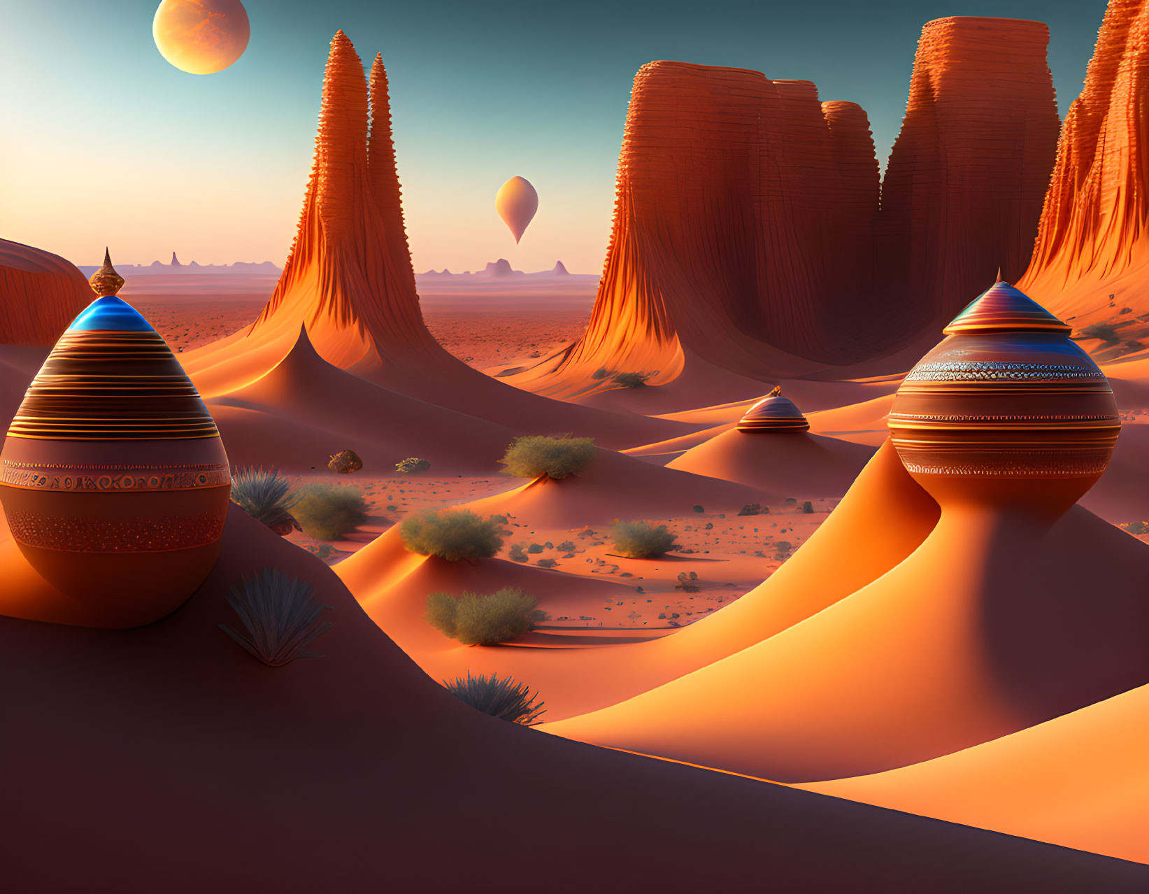 Surreal desert landscape with orange dunes and futuristic structures