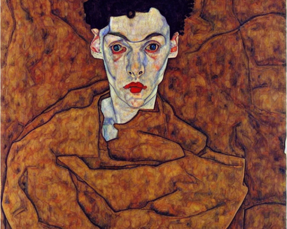 Person with pale skin and red lips in expressionist style against textured background