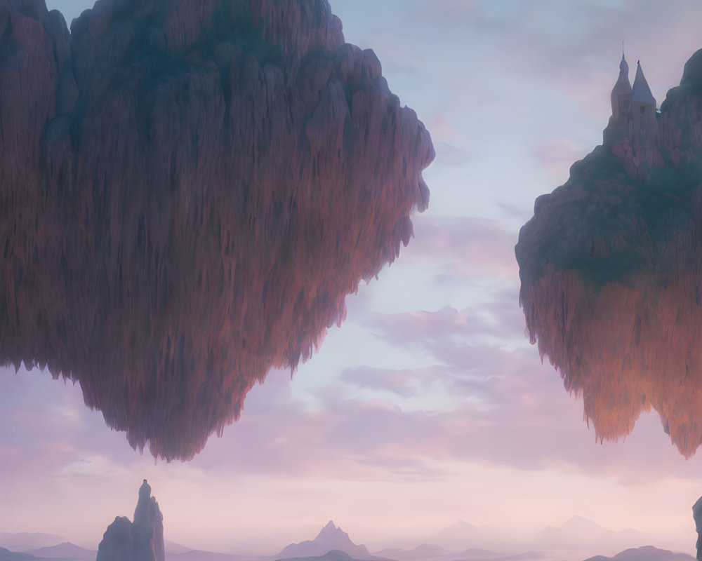 Fantasy landscape with floating islands and castle at sunset