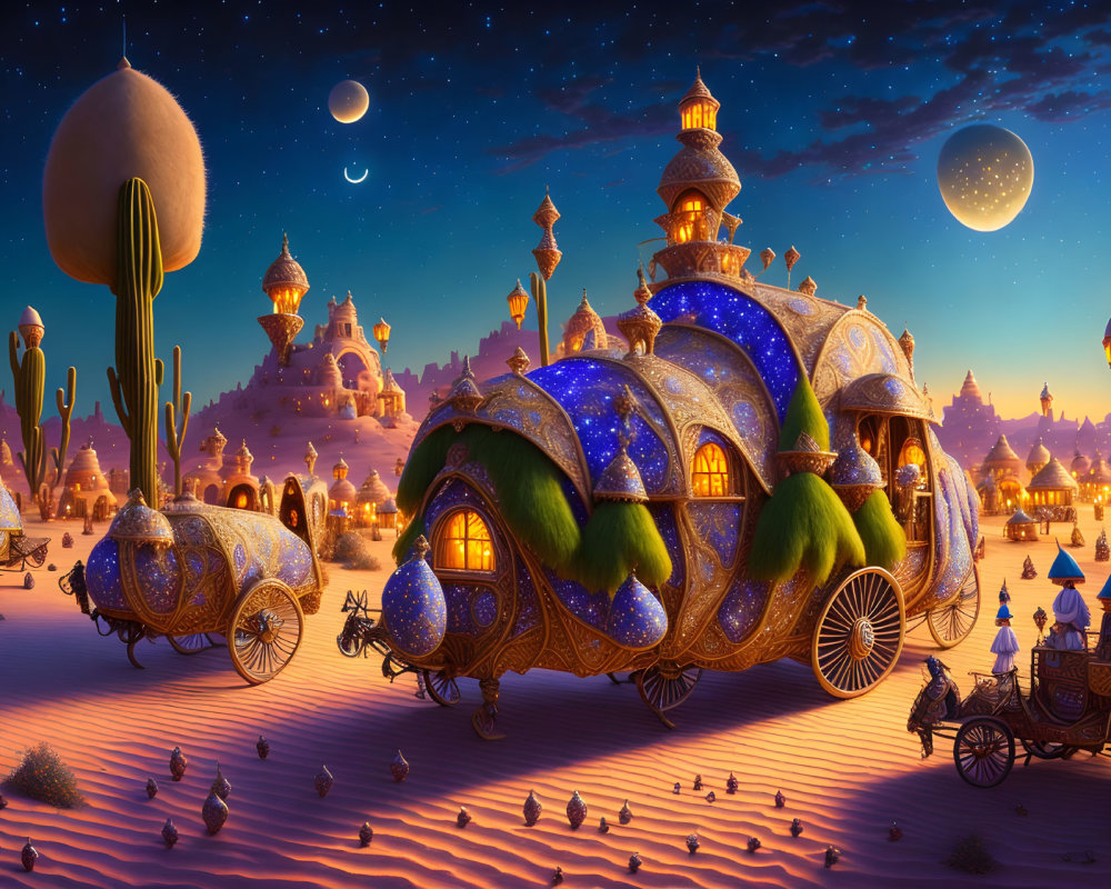 Fantastical desert city twilight scene with ornate buildings.