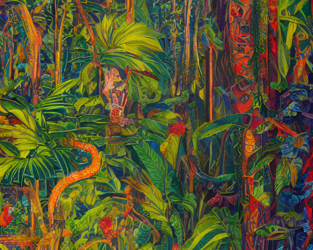 Colorful Jungle Painting with Snake and Hidden Details