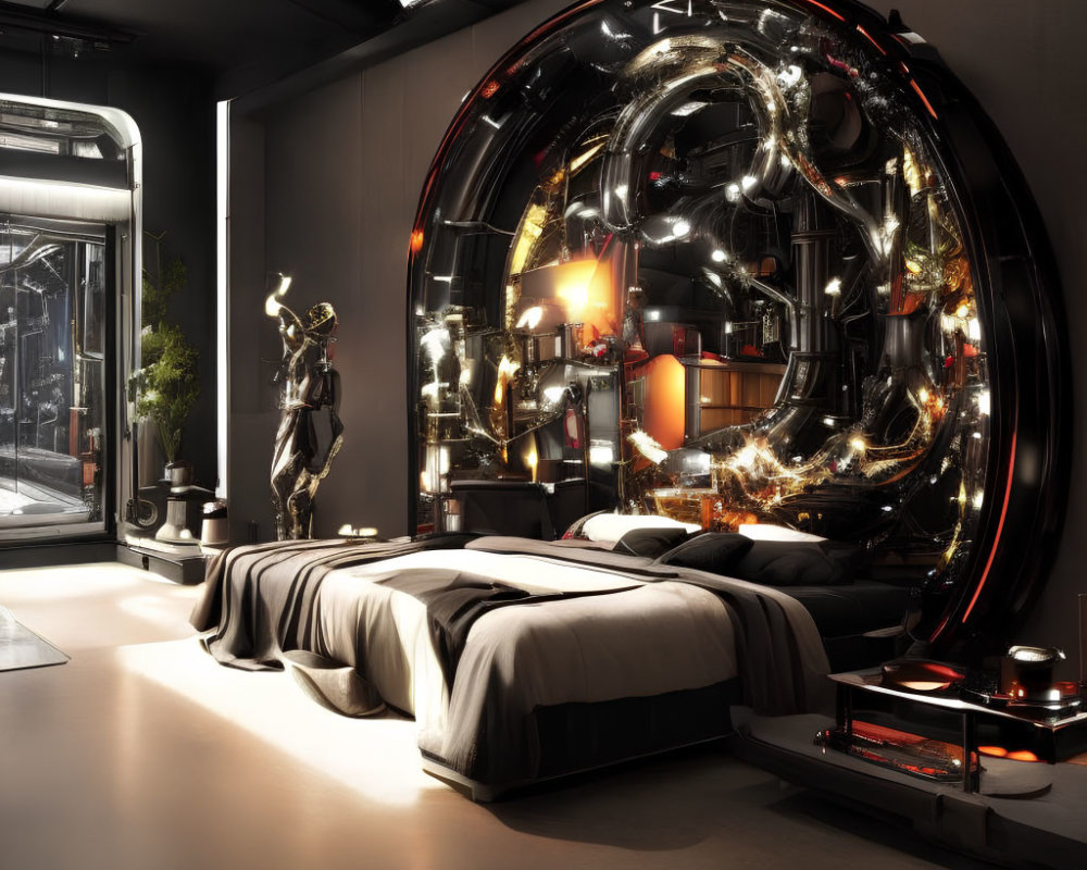 Modern Bedroom with Circular Glowing Structure & Artistic Decor