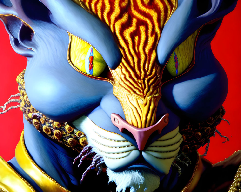 Colorful fantastical creature with multiple blue faces and yellow eyes and intricate golden jewelry.