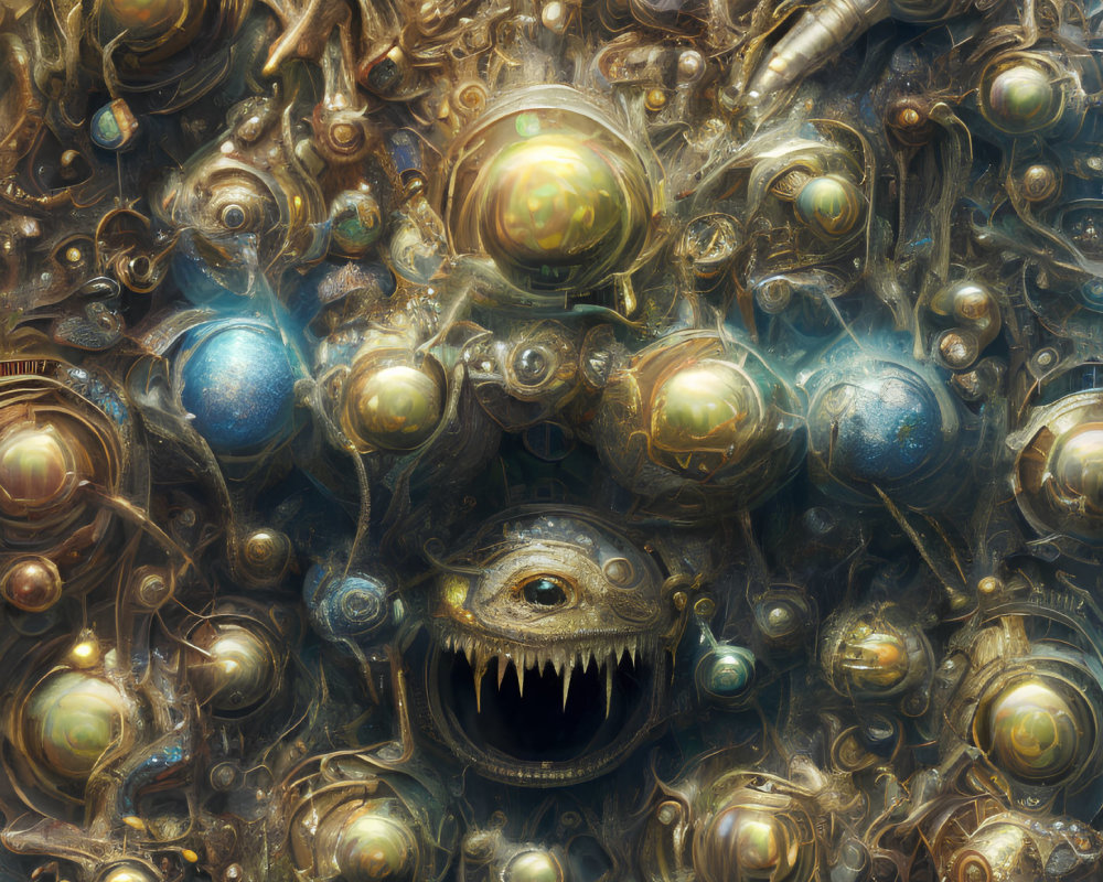 Surreal metallic artwork with eye, spheres, and teeth