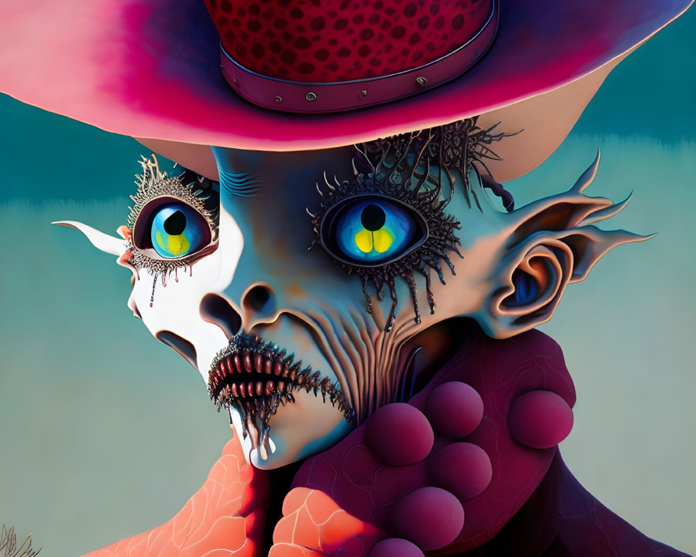 Surreal portrait featuring figure with skeletal face and pink hat