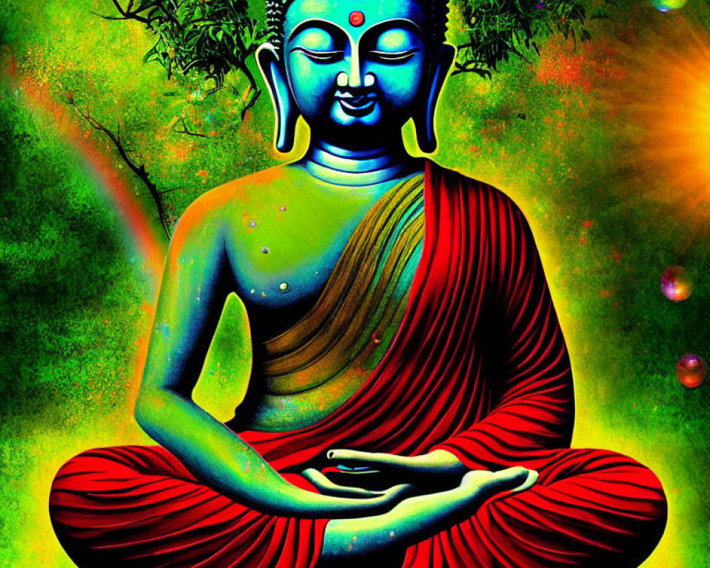 Colorful Buddha Meditation Illustration on Green Background