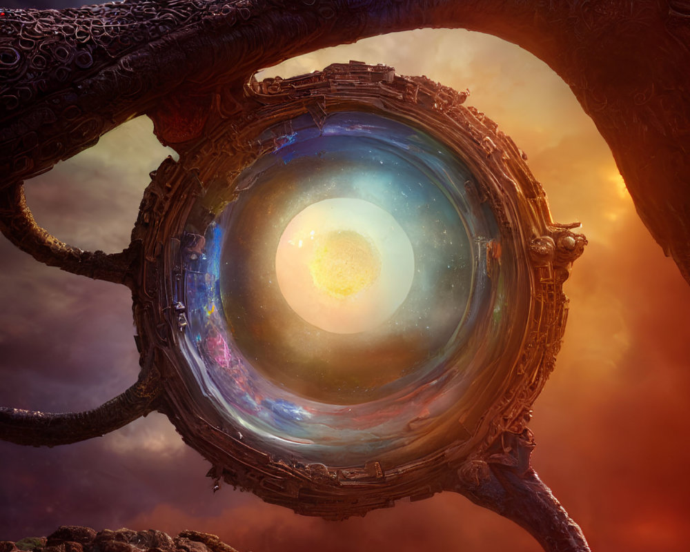 Intricate designs on mystical spherical portal with swirling galaxy against dramatic sky