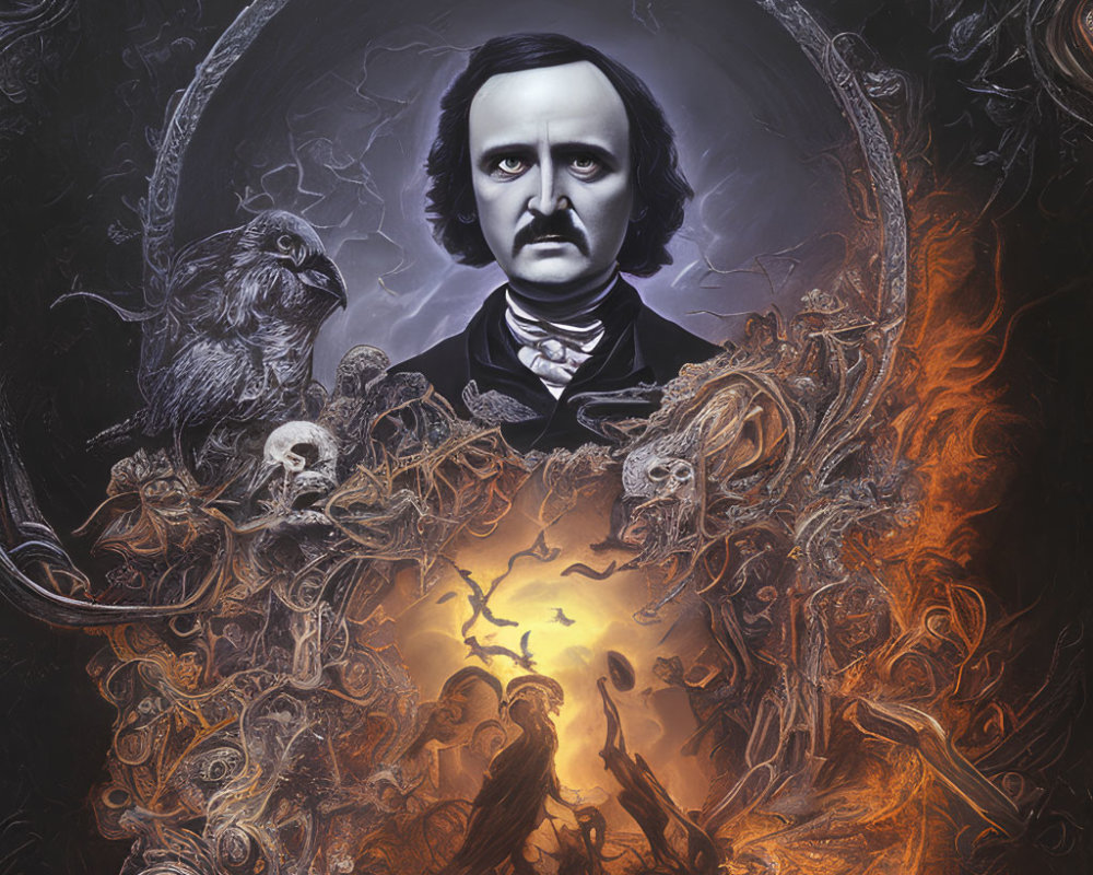 Dark Gothic Artwork: Edgar Allan Poe with Raven in Fiery Orange Setting