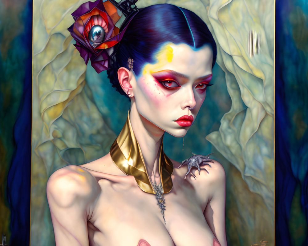 Surreal portrait of woman with metallic collar, red eyes, third eye, lizard on shoulder,