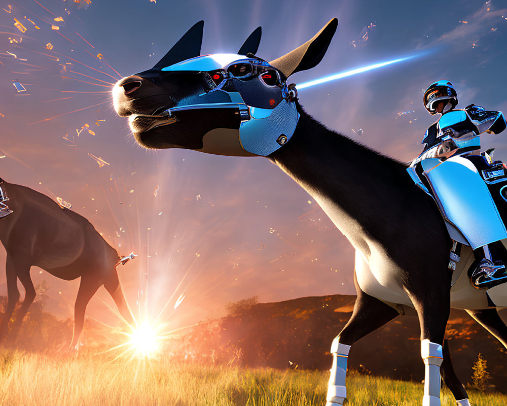 Futuristic scene with robotic dogs and person in high-tech armor at sunset