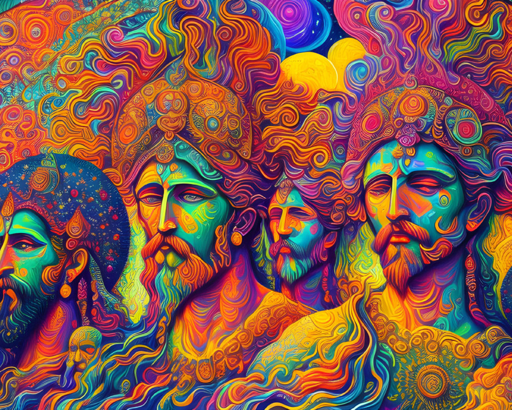 Colorful Psychedelic Digital Artwork with Faces and Cosmic Background