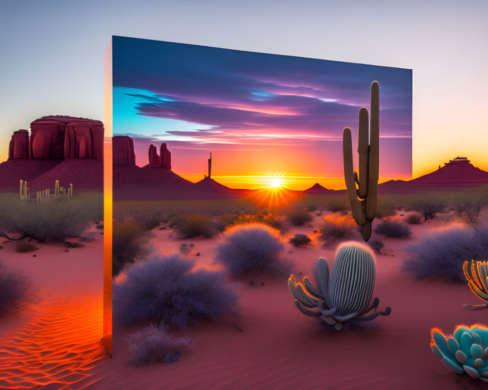 Surreal desert landscape with reflective panel showcasing pastel sunset sky