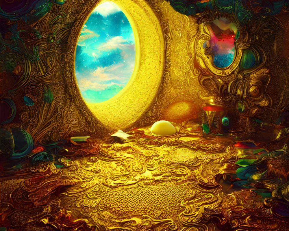 Vibrant surreal room with round portal and colorful orbs