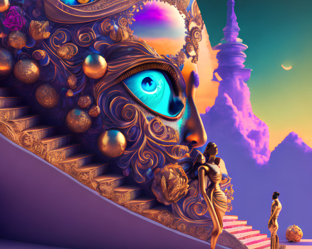 Surreal landscape with giant ornate face, figures on staircase, crescent moon