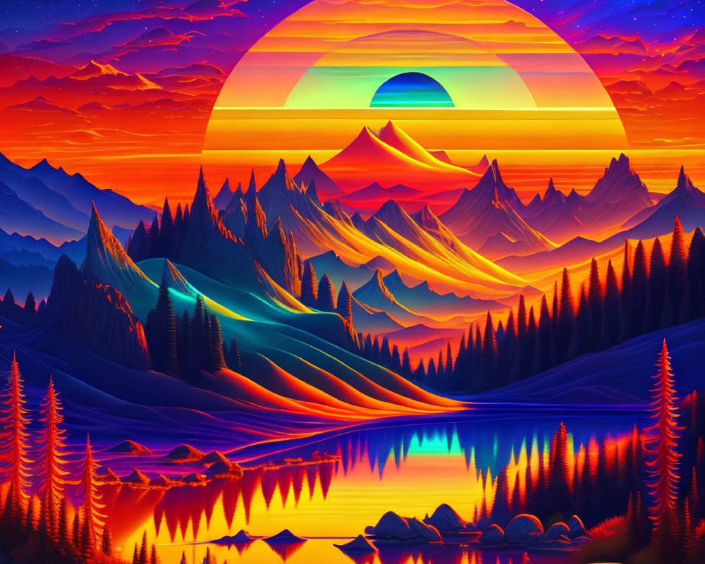 Colorful surreal landscape: large sunset, layered mountains, reflective lake, neon tree silhouettes