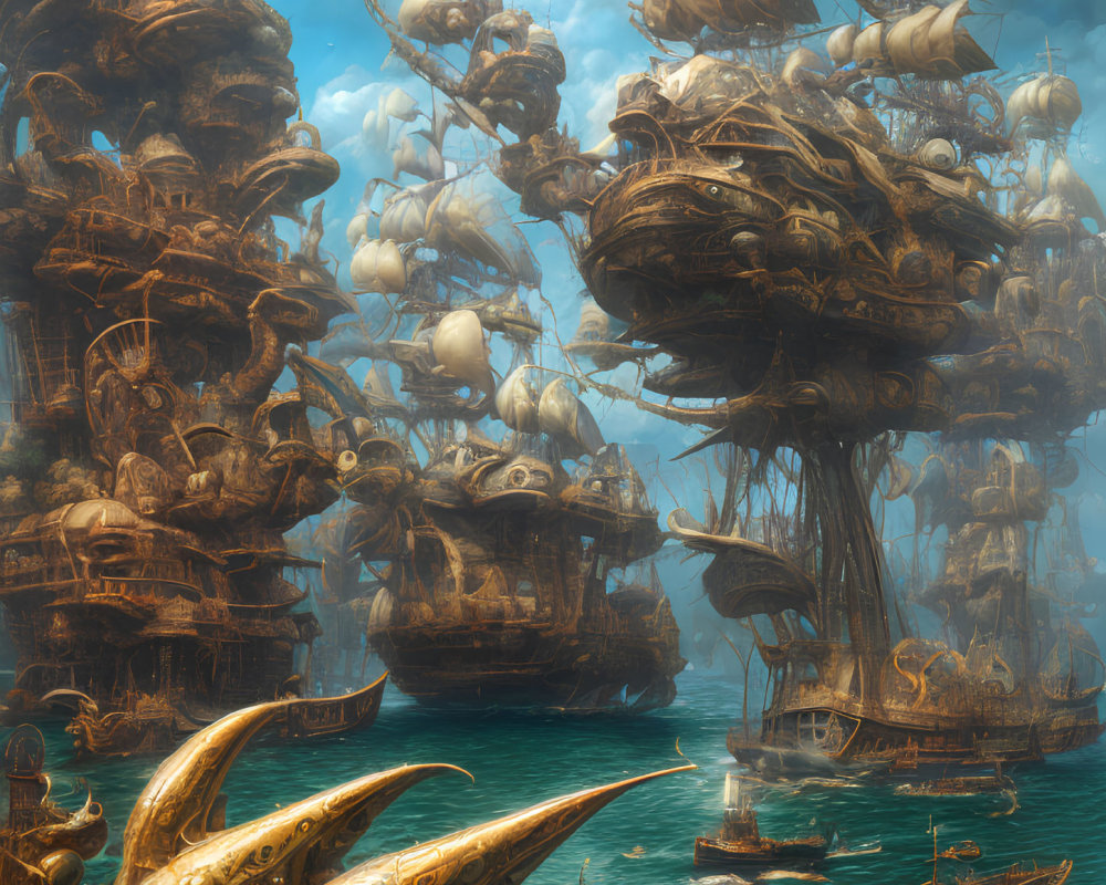 Steampunk-style floating city with airborne ships over tranquil sea