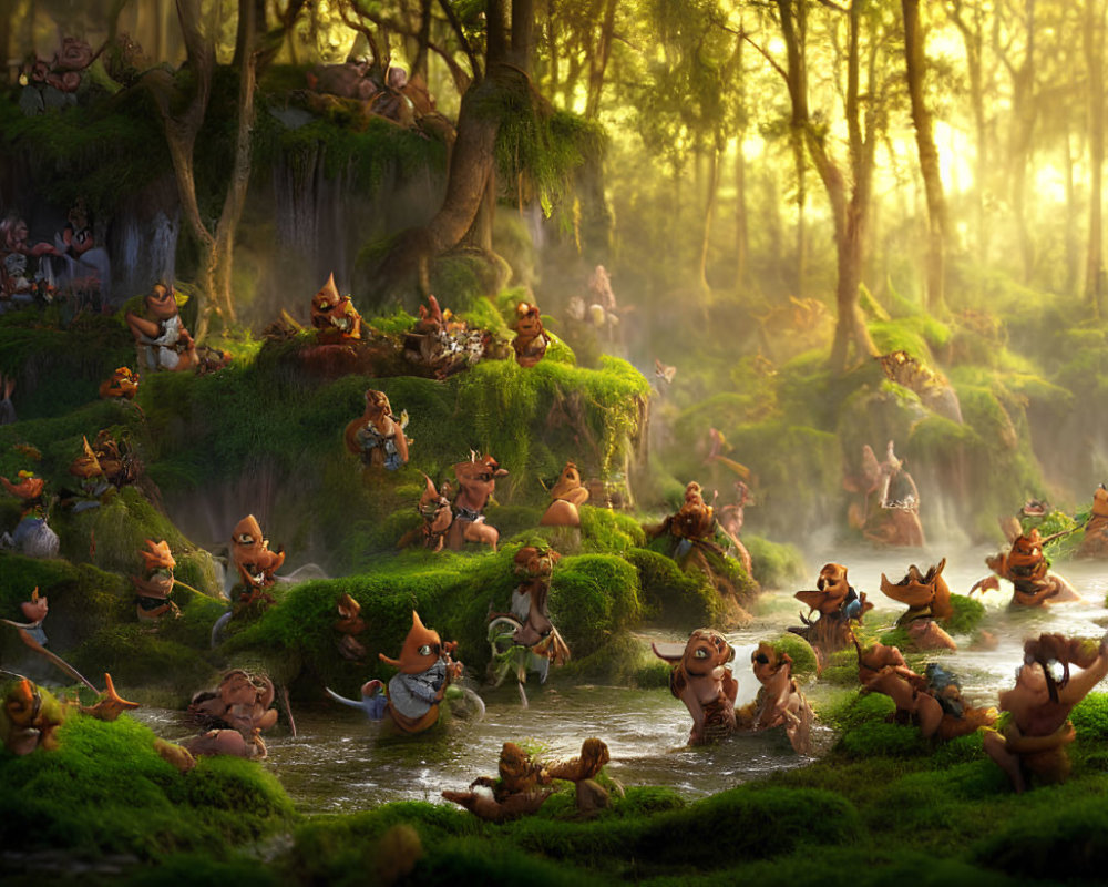 Whimsical forest scene at sunrise with animated creatures and lush greenery