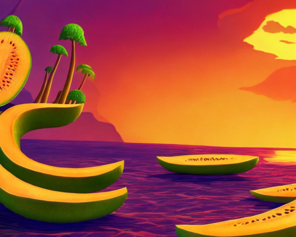 Sliced watermelon boats on purple sea with banana palm trees