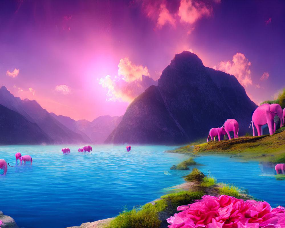 Surreal landscape: Pink elephants by lake, mountains, purple sunset