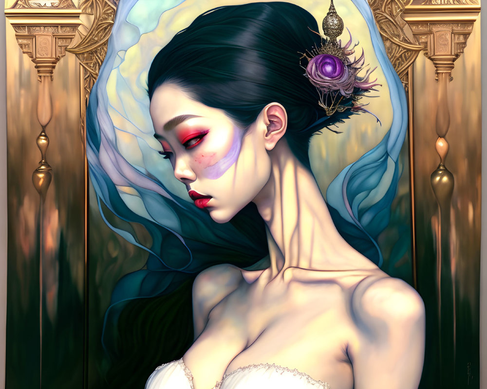 Stylized portrait of woman with dark hair and red eye makeup against ornate backdrop