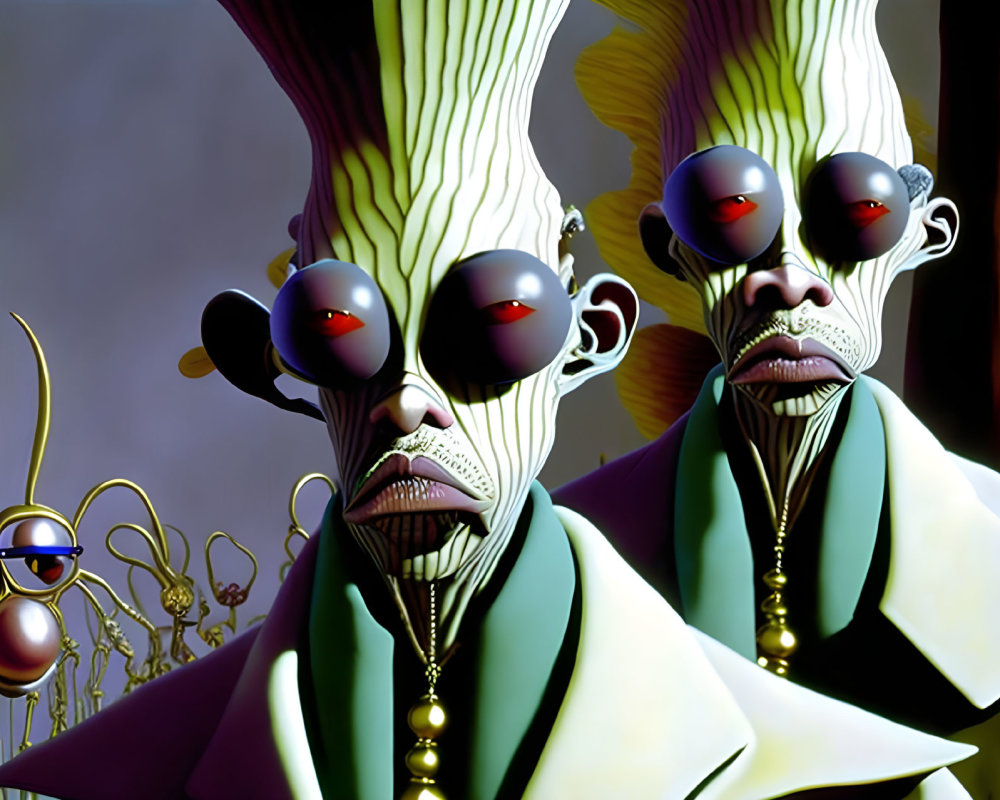 Surreal image of two figures with elongated heads in green cloaks