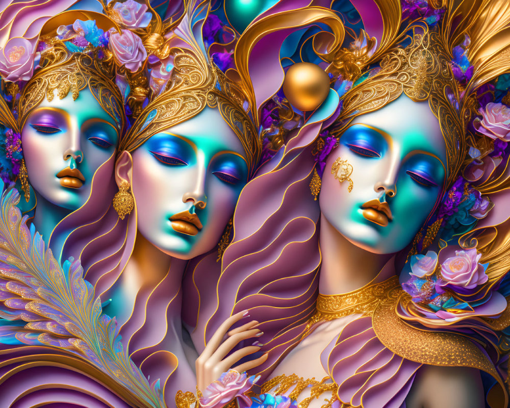 Three stylized female figures with blue skin, gold accents, and roses in their hair.