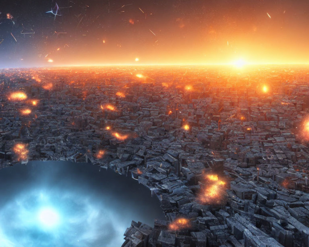 Explosive cityscape with fiery horizon and blue energy vortex